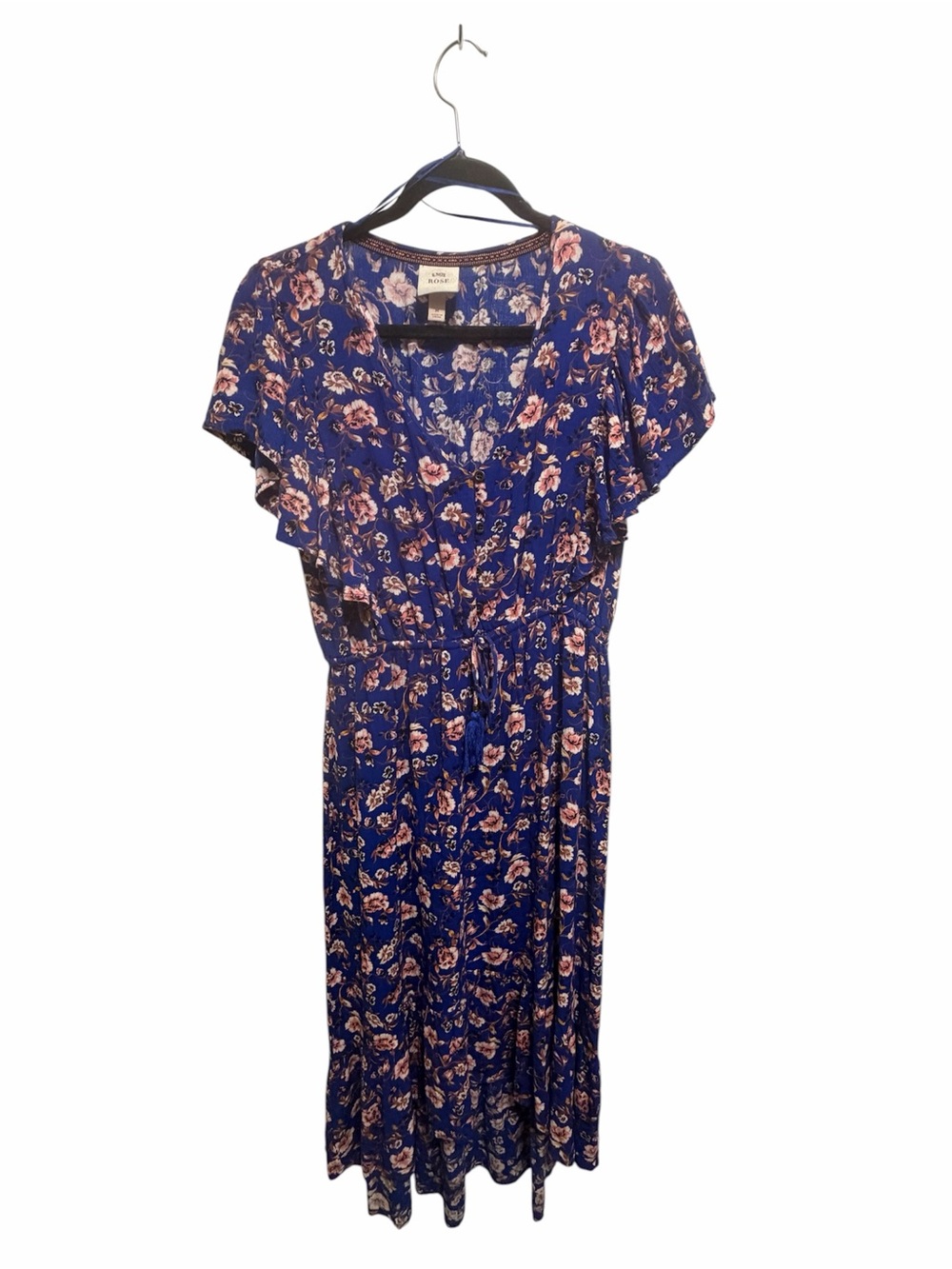 Floral V-Neck Royal Blue Maxi Dress with Drawstring Waist